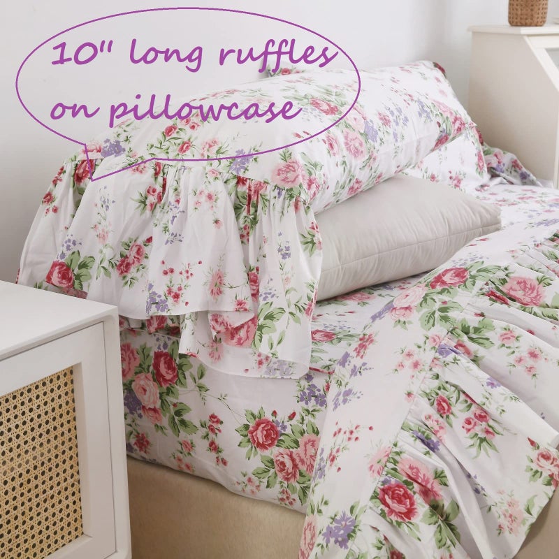 QSH Queen's House Ruffle Floral Bed Sheet Sets 4-Piece Romantic Roses Printed Shabby Vintage Chic Bedding Sheets Girls Deep Pocket Set King Size-Style L - Image 5